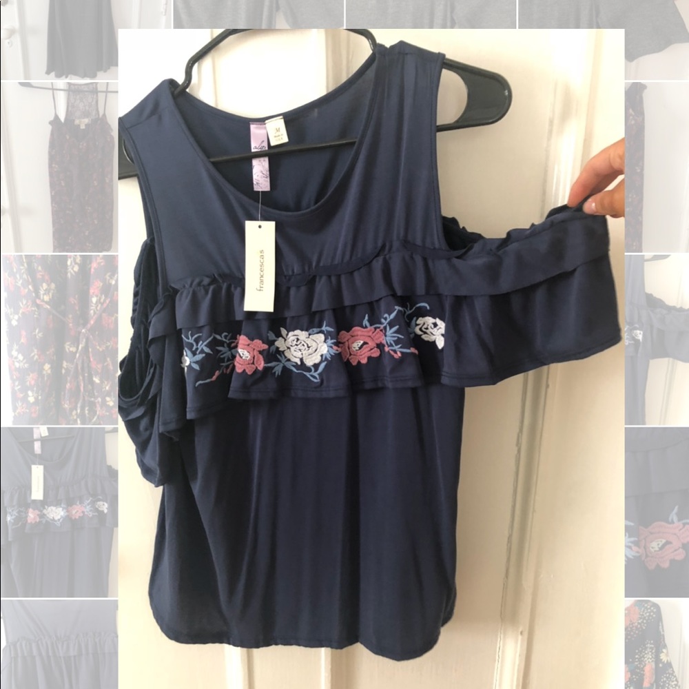 Navy cold shoulder embroidered top